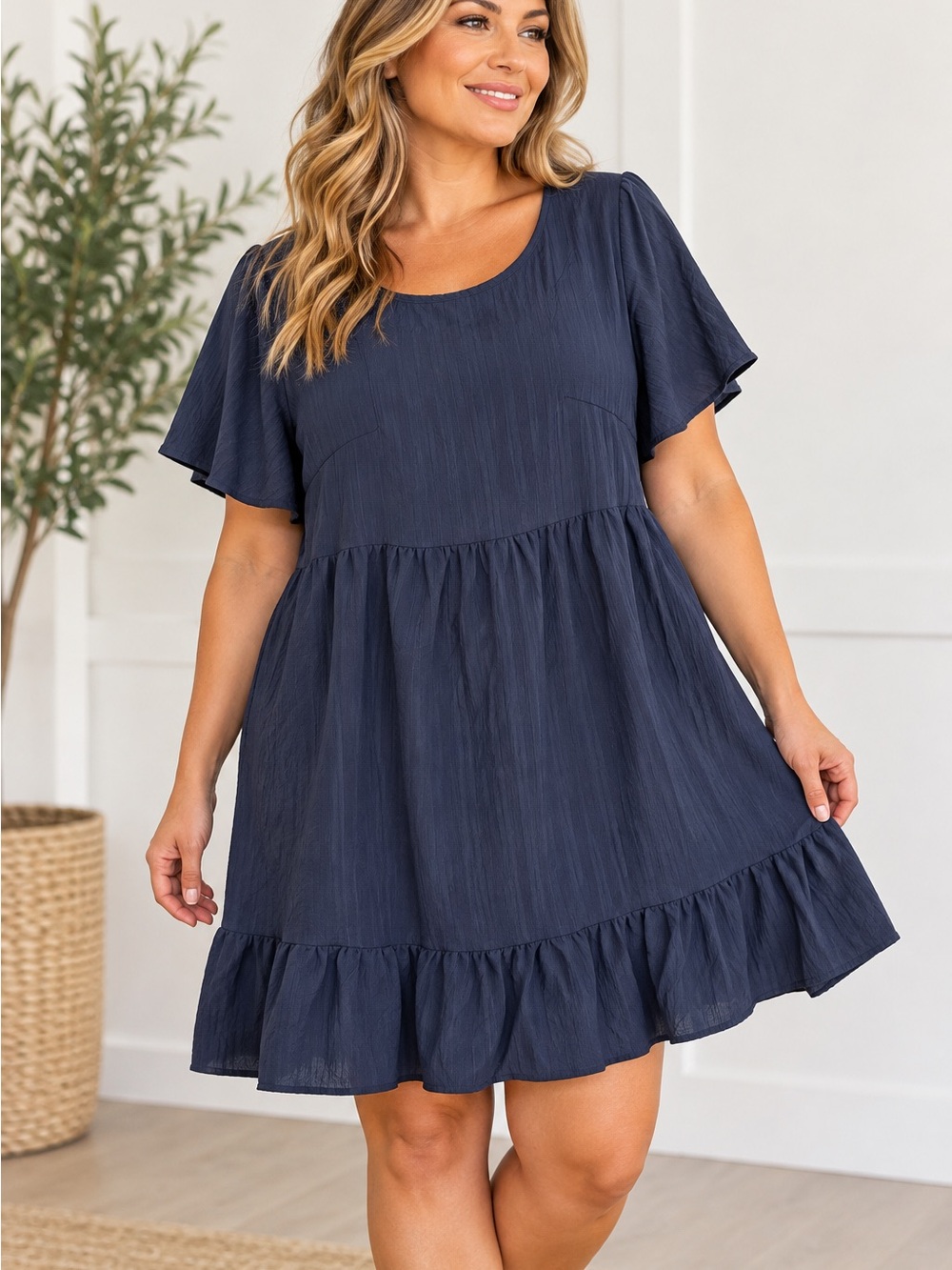 SHEIN Navy Short Flutter Sleeve Ruffle Hem Dress